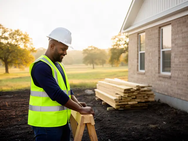 A builder in a hard hat and safety vest on a home construction site.