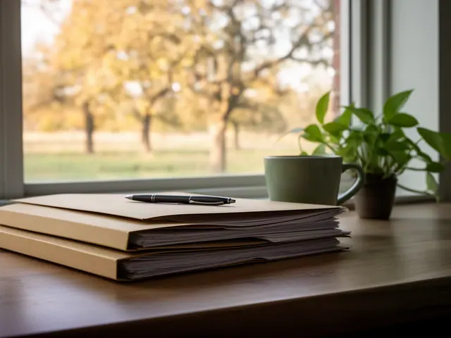 A neat stack of closed manila folders and a pen on a desk by a window.
