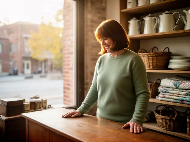 A shop owner behind the counter of a small antique and vintage shop.