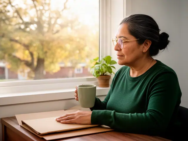 A woman with dark hair in a low bun and gold-framed glasses at a desk with a folder and a mug in a small back office.