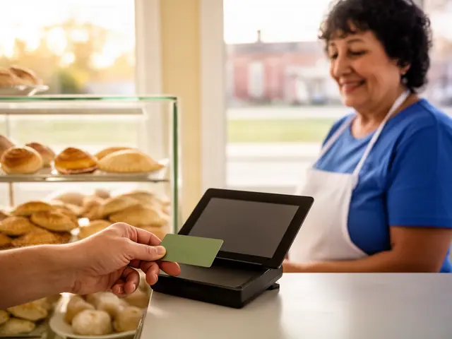 A customer taps a card on a counter terminal at a small Tex-Mex bakery.